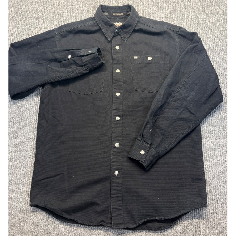 Harley-Davidson Mens Black Ribbed Cotton Button Down Shirt Flaming Skull Size M